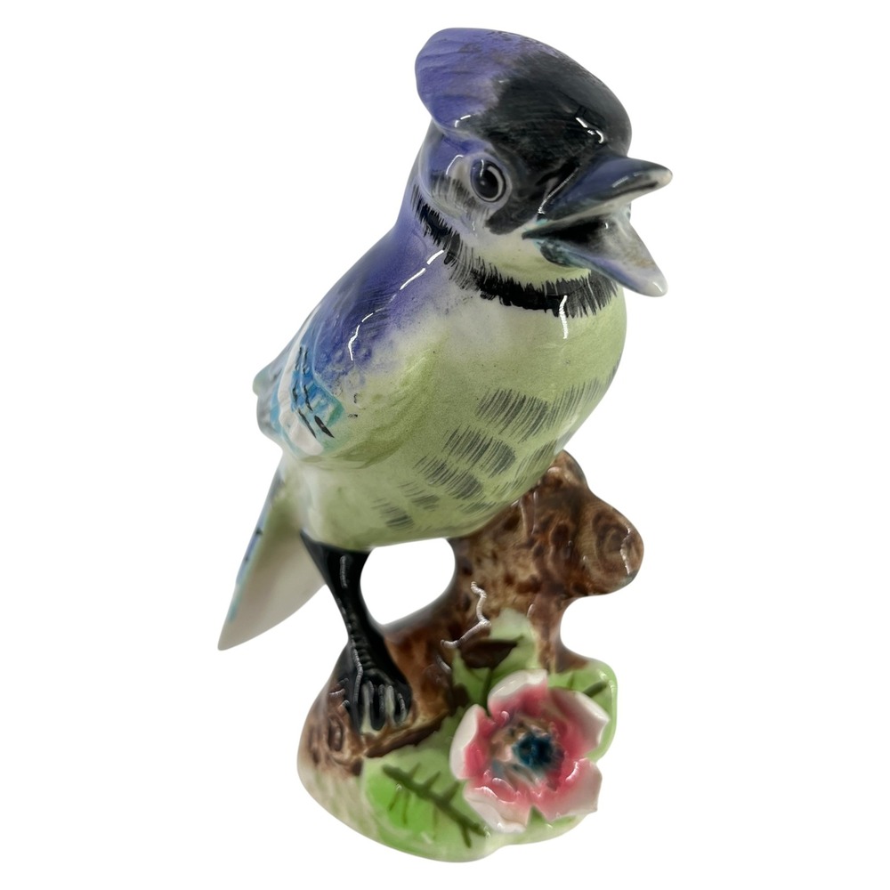 Vintage Porcelain Blue Jay Figurine Hand Painted Bird on Branch with Flower 5"